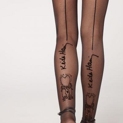 Keith Haring x Calzedonia Keith Haring Hearts 30 Denier Sheer Tights Size Small